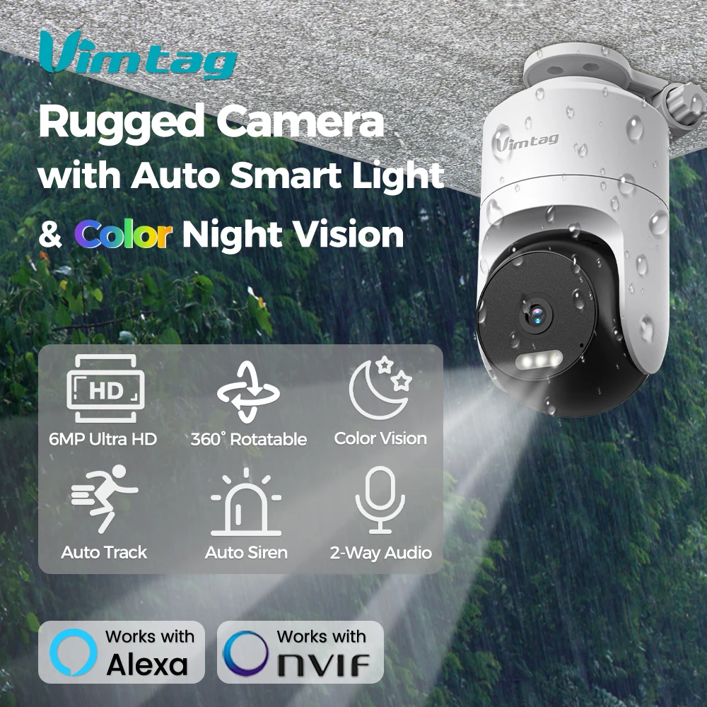VIMTAG - Cámara Vigilancia Wi-FI Exterior 360º,3.5K/6MP Cámara IP de Seguridad,Detección Movimiento, Visión Nocturna a Color, Detección IA de
