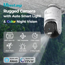 VIMTAG - Cámara Vigilancia Wi-FI Exterior 360º,3.5K/6MP Cámara IP de Seguridad,Detección Movimiento, Visión Nocturna a Color, Detección IA de Personas,Seguimiento Zoom Auto,Luz inteligente PIR,Sirena,Alexa y ONVIF