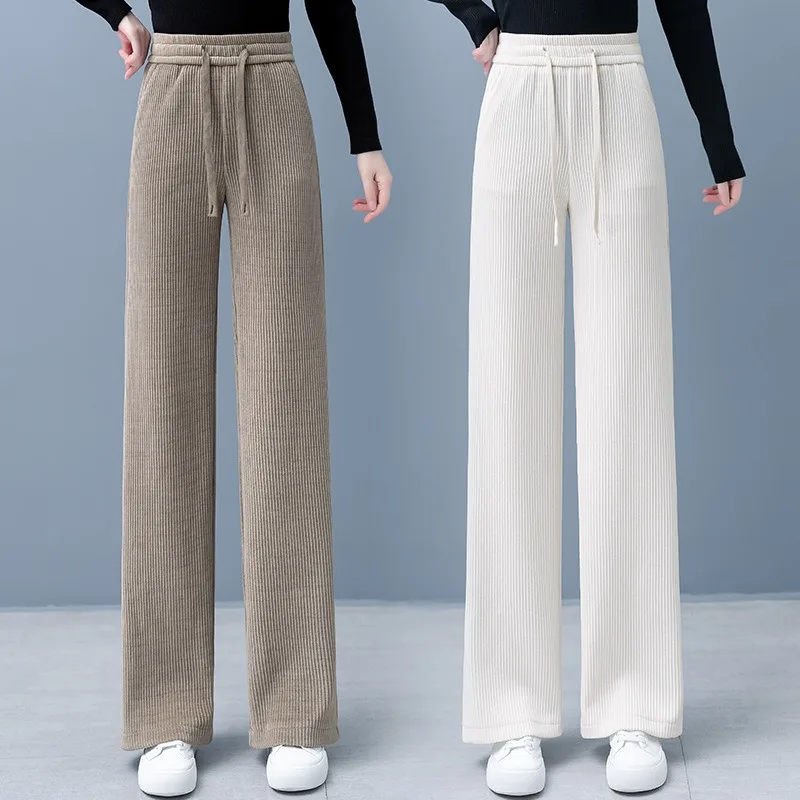 2024 Women's New High Waist Straight Leg Pants Autumn/Winter Casual Drawstring Pants with Velvet Wide Legs