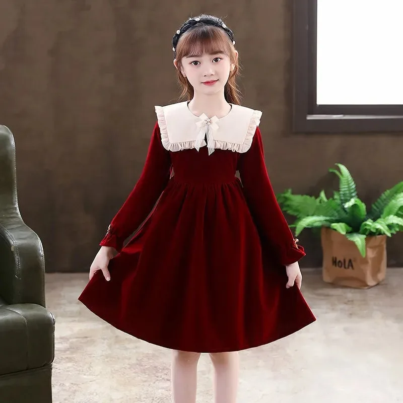 European Winter Autumn Girls Clothes Retro Teens Sailor Lace Collar Uniform Child Princess long Dress 5 6 7 8 9 10 12 14Year