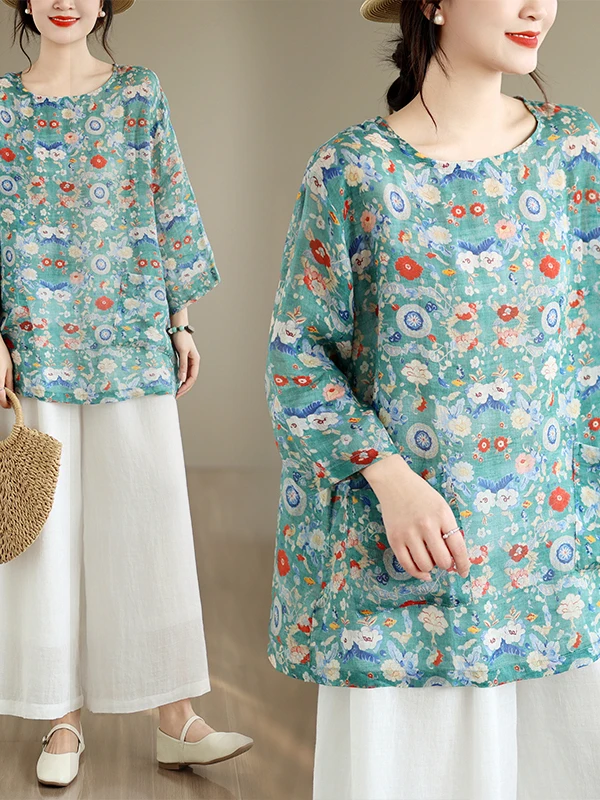 

Beautiful Printed Loose Style Summer Shirt Large Size Lazy Style National Style Artistic Design Breathable Casual Top for Women