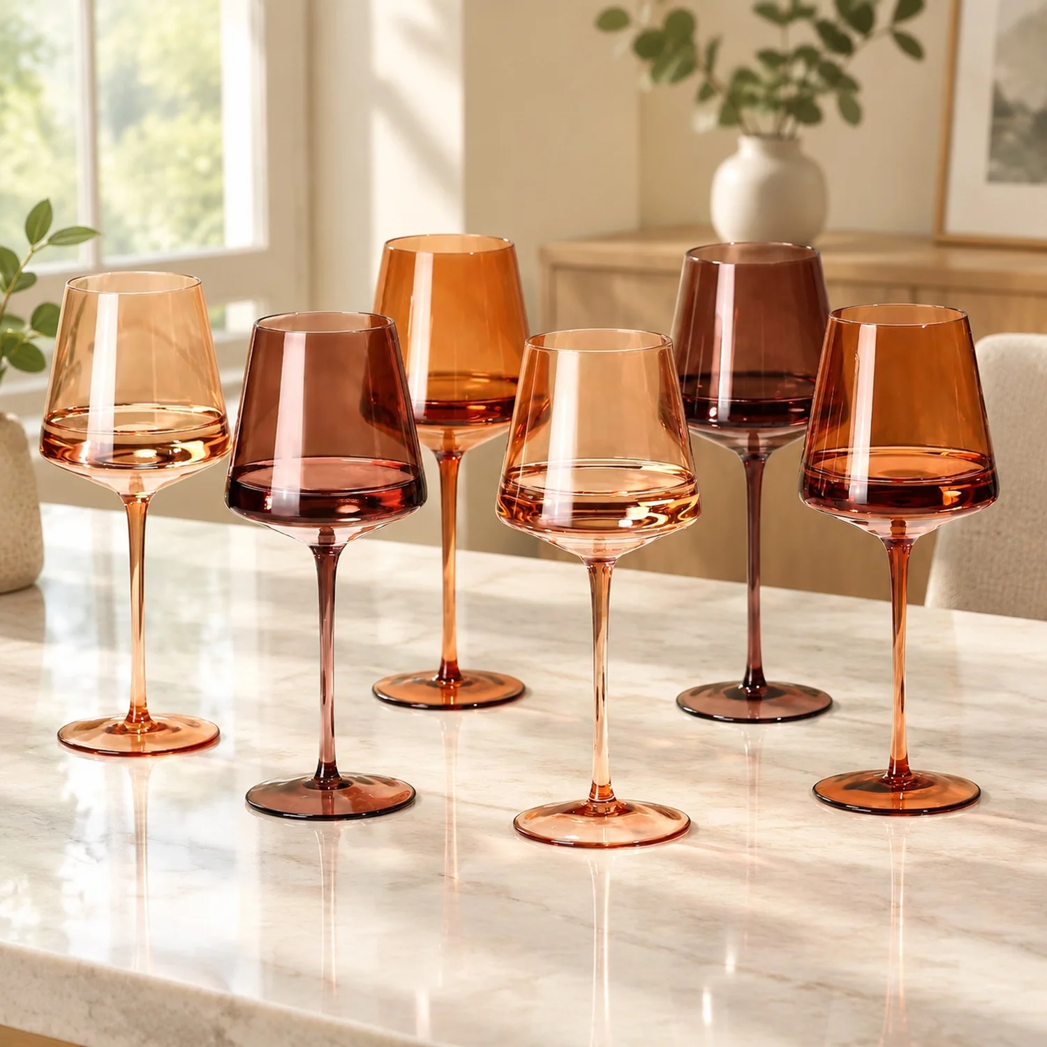 Brown Wine Glasses Set of 6-18oz[Hand Blown] Crystal Amber Stemmed Venus - for Fall Autumn Winter Dinner
