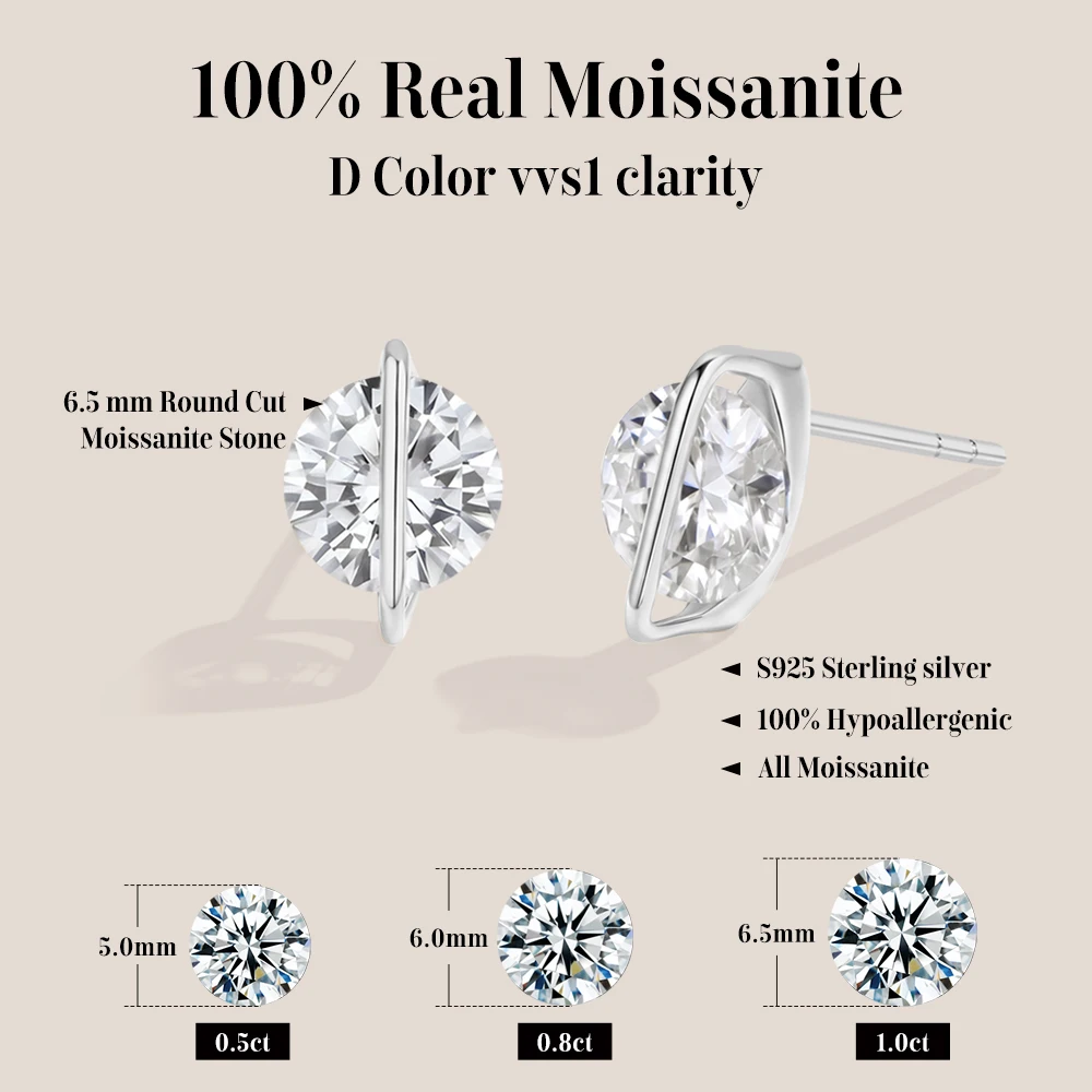 ATTAGEMS Round Cut 1.0CT Moissanite Stud Earrings Spinner Rings For Women Men Solid s925 SIlver Dainty Wedding Party Jewelry Set