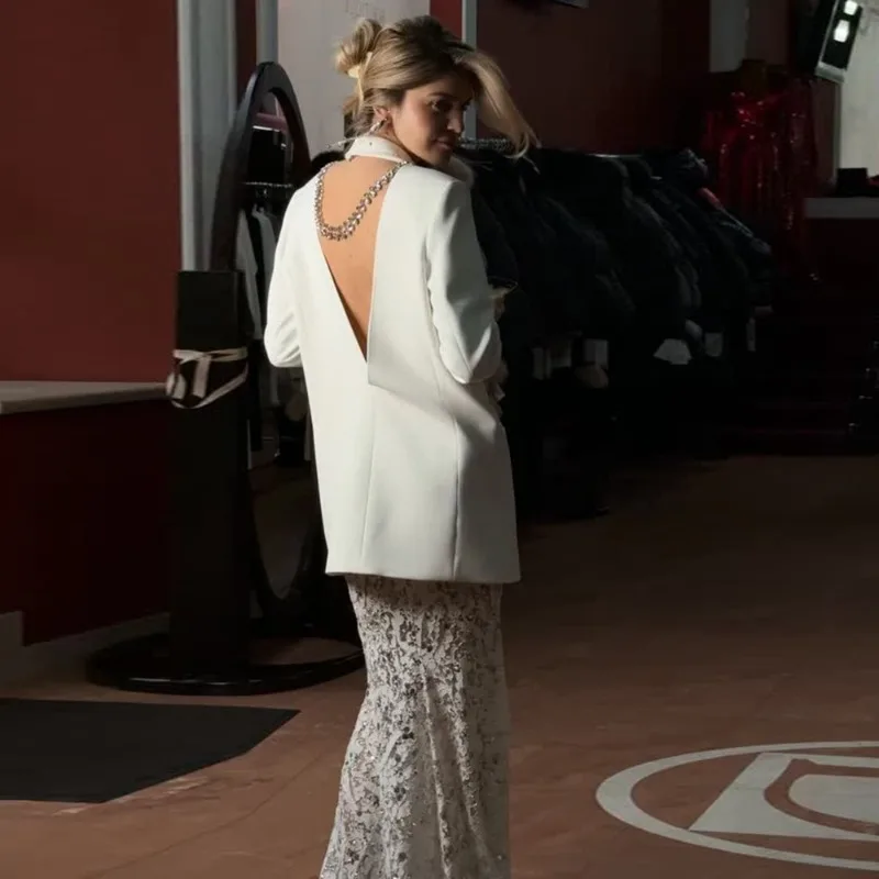 Fashion heavy industry diamond beaded blazer trailing long skirt casual two-piece skirt set