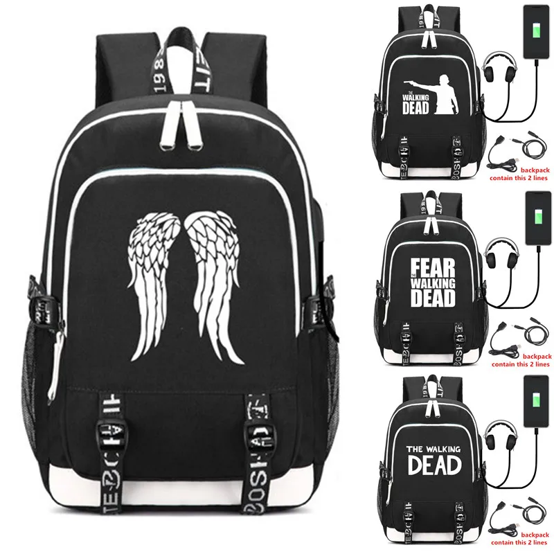 Sac à dos The Walking Frequency Death avec port USB, interface téléphone sauna, sac pour ordinateur portable étudiant, sac à dos pour livre, mode