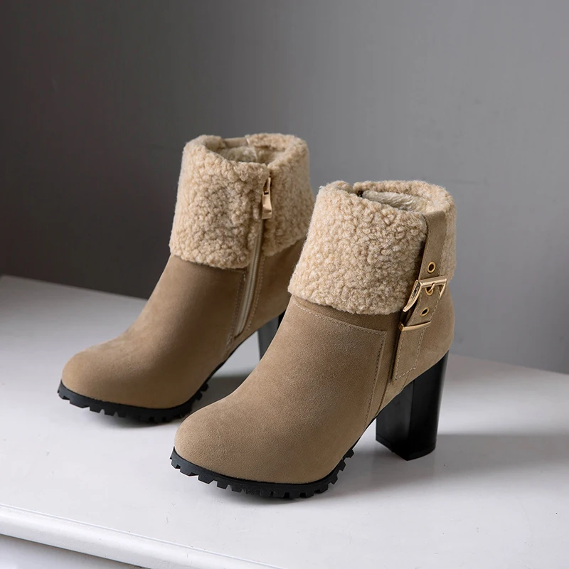 حجم كبير كعب عالي سميك طوق فرو الضأن حزام معدني مشبك قصير التمهيد متجمد قطيع المواد سستة الشتاء حذاء الثلوج عالي الرقبة دافئ