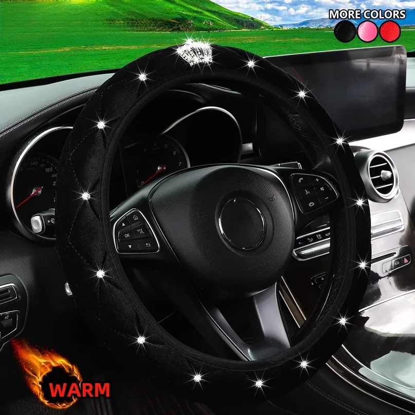 Winter Short Fur Velvet Steering Wheel Cover Diamond-Encrusted Crown Blingbling Car Interior Accessory Without Inner Ring