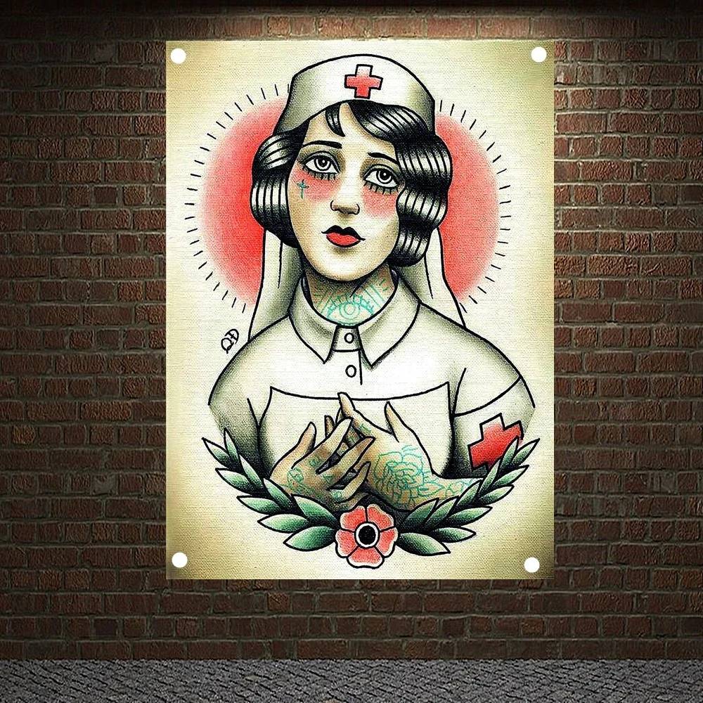 Nurse Tattoo Art Print Vintage Four Holes Hanging Painting Banners Wall Decoration Retro Posters Tapestry Canvas Flag Wall Chart