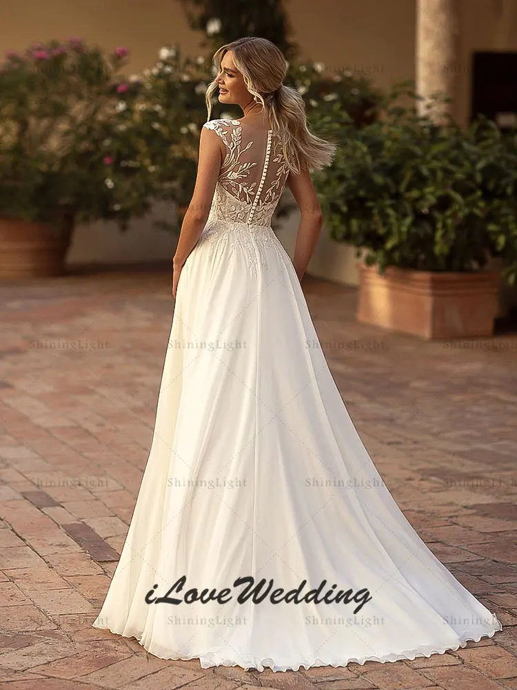 ShiningLight Vintage Chiffon Wedding Dresses With Side Slit Cap Sleeves Boho A-Line Bridal Gowns Appliques Sheer Neck Customized
