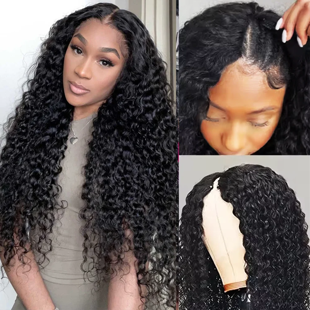 

16-32 дюймов Длинные вьющиеся бразильские волосы Парик для женщин 200% Плотность V-образный парик Человеческие волосы Натуральный черный V-образный парик Парики из волос