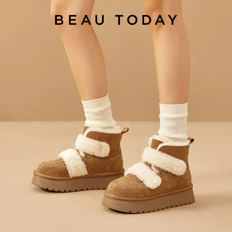 BEAUTODAY Winter Snow Boots Women Cow Suede Leather Warm Plush Thick Sole Hook Loop Anti-Slip Ladies Furry Shoes Handmade 08074
