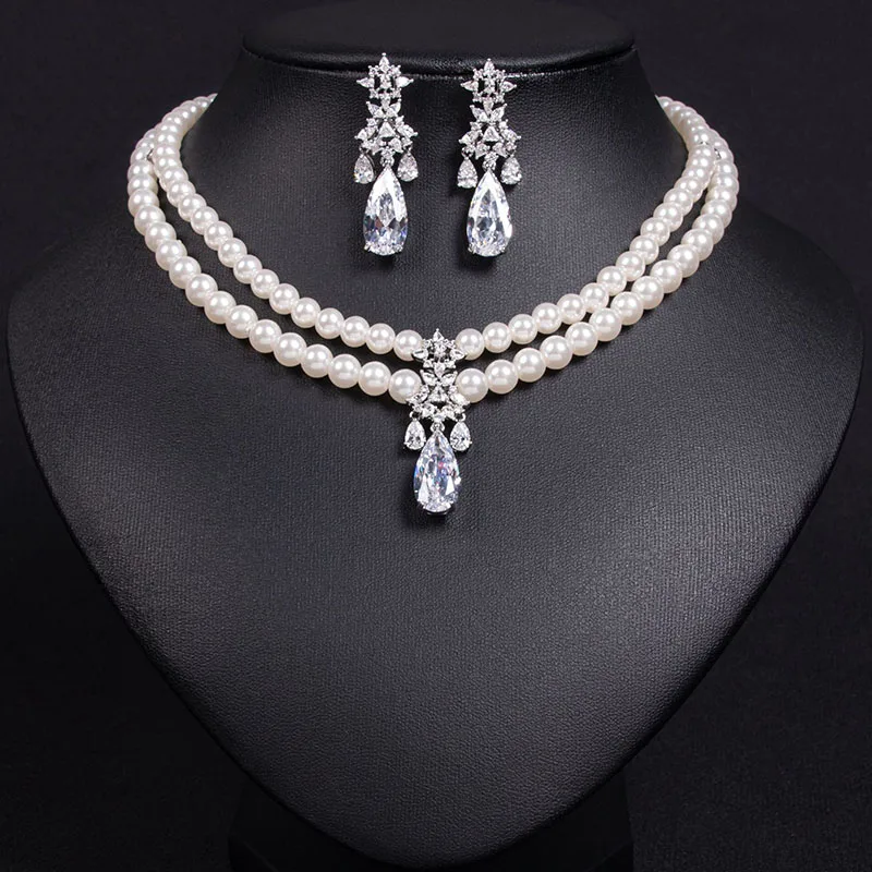 

HIBRIDE New Double Layers Pearl Zirconia Necklace Set Teardrop Earrings Bridal Wedding Party Banquet Dress Accessories S-338