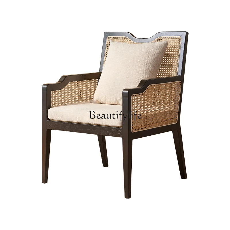 

New Chinese solid wood sofa chair retro rattan casual single recliner