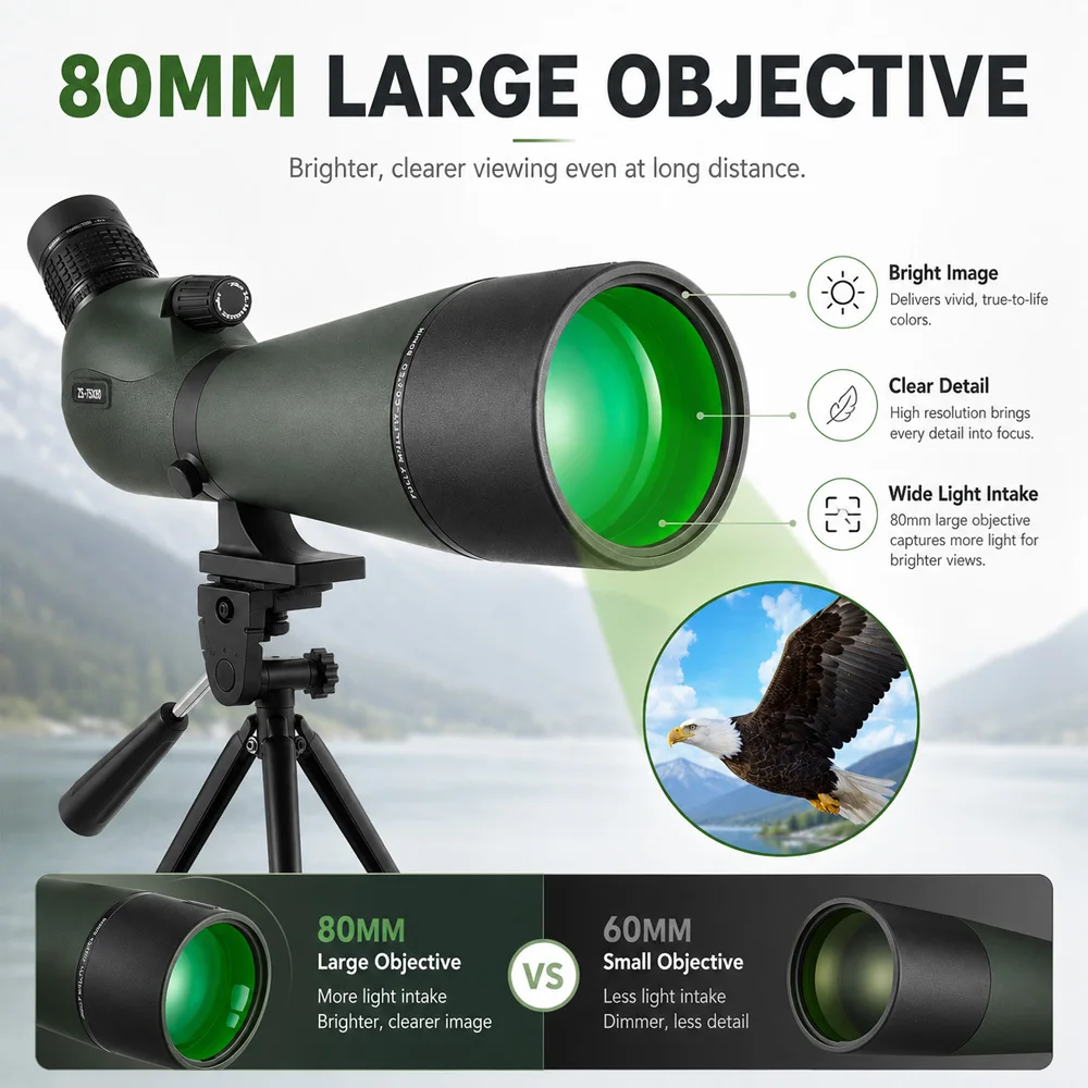 XIYAER 25-75x80 Spotting Scope HD BAK4 Prism Waterproof Telescope Equipped With Tripod Phone Holder & Storage Bag for Outdoor