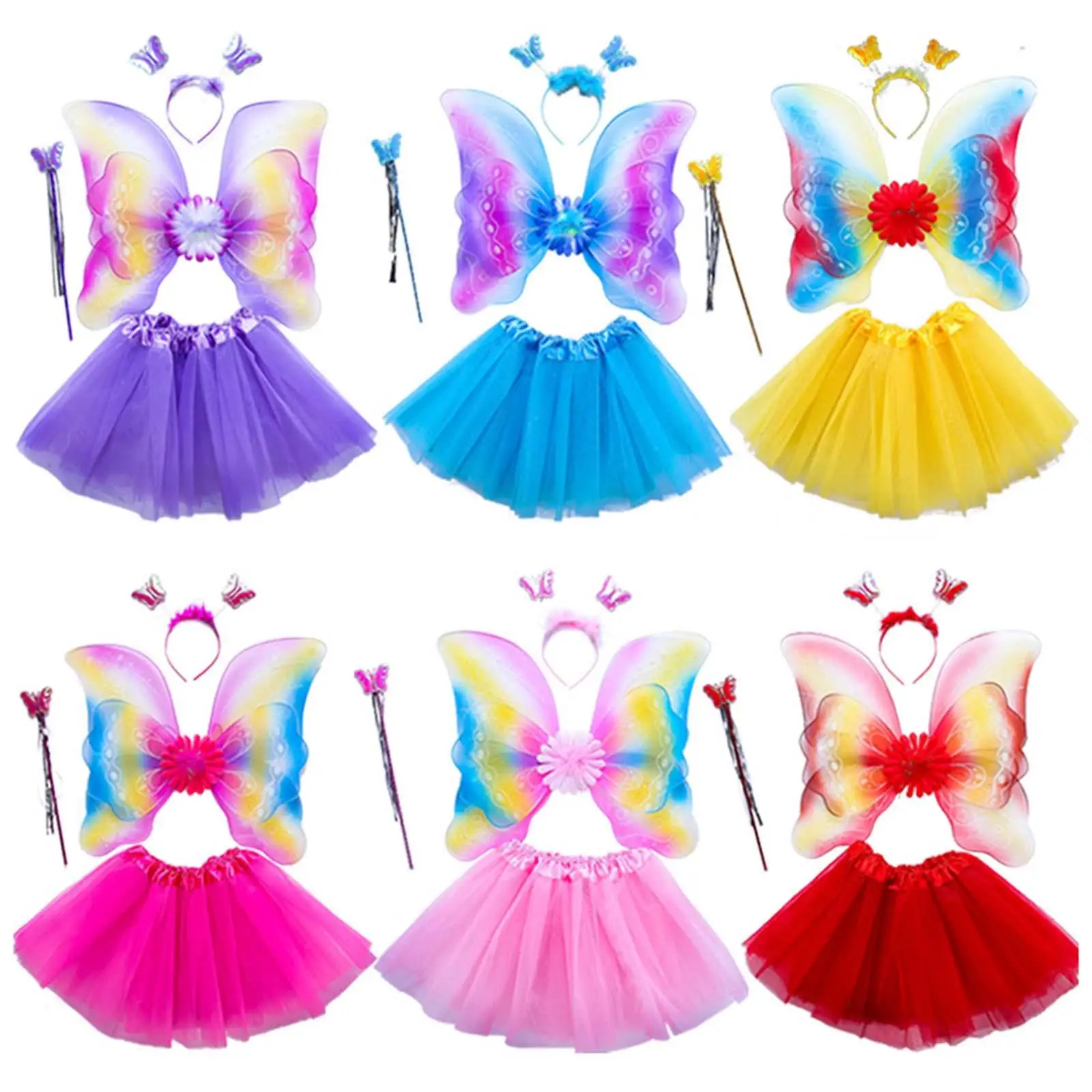 Traje de fadas para meninas, Cute Butterfly Wing, Acessórios de vestir, Aniversário, Masquerade, Role Play, Carnival Party Supplies, 4 peças