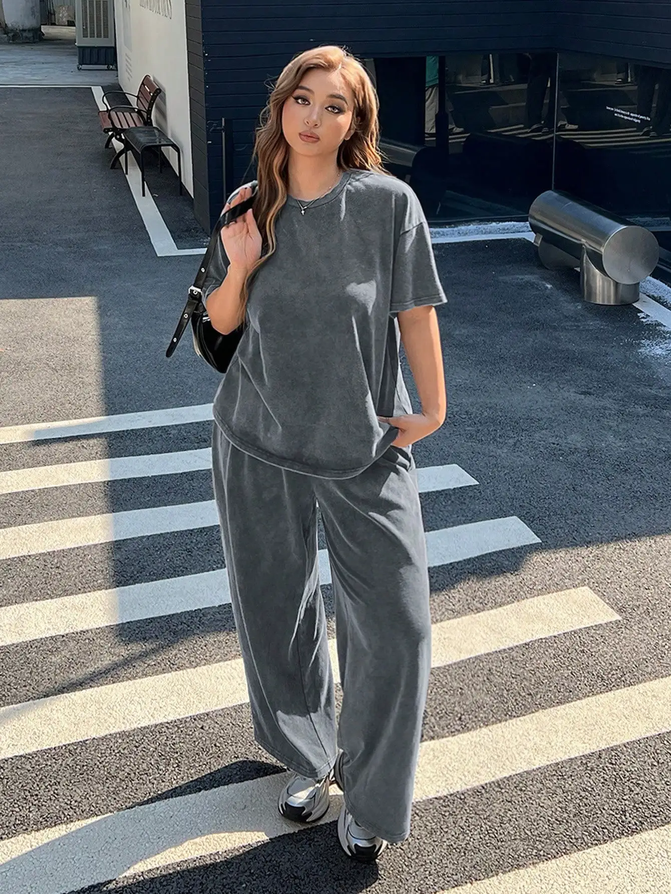

Distressed Gray Melange Loose T-Shirt And Wide Leg Pants Set Casual Spring Summer Outfit For Women