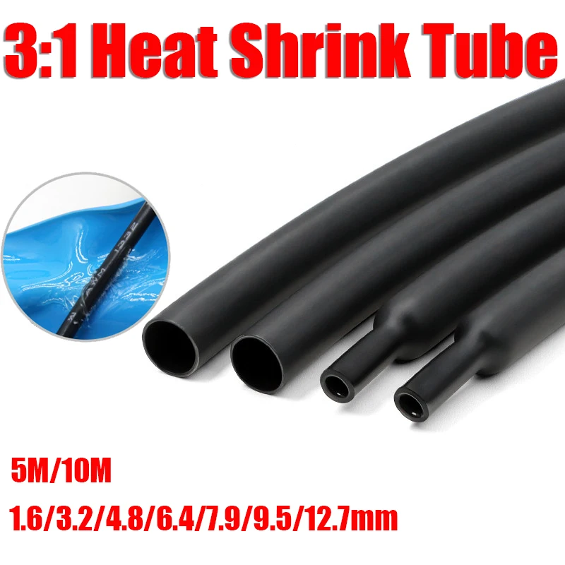 Black 5/10M 3:1 Heat Shrink Tube With Glue Diameter 1.6~19.1mm Dual Wall Polyolefin Insulated Adhesive Lined Shrink Wrap Sleeve