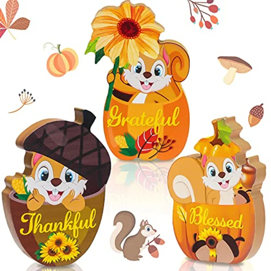 3 Pieces Thanksgiving Decor for Home Fall Wooden Sign Thankful Grateful Blessed Pumpkin Fall Tiered Tray Decor Squirrel Acorns