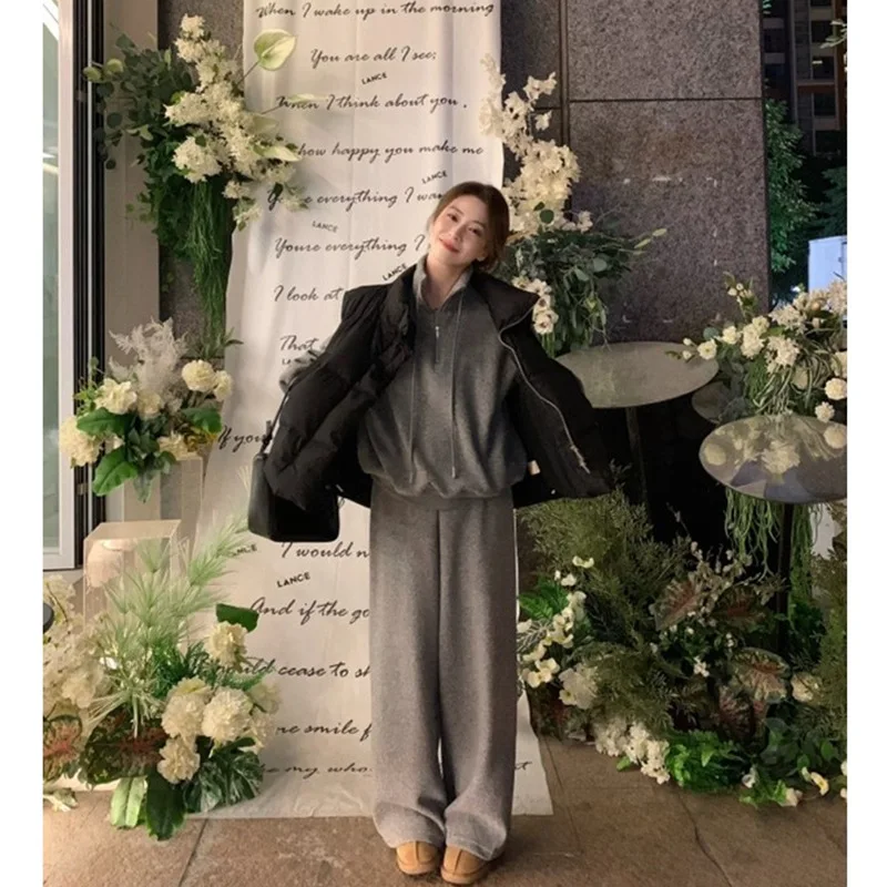 여성용 스웨트셔츠 팬츠 세트 투피스 스탠드 칼라 후드 와이드 레그 팬츠 풀 렝스 트라우저 솔리드 루즈 포켓 캐주얼