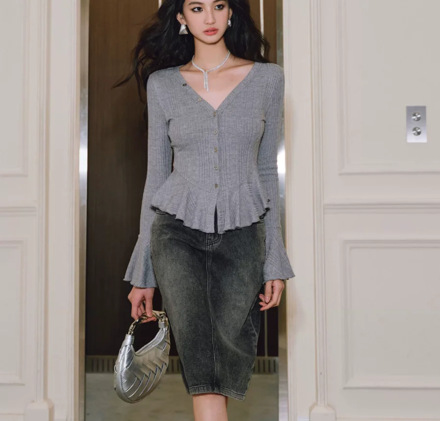 Sparkling Silver Lurex Knit Top, Metal Silver Hand Sewn Round Button, V Neck Waist Ruffle Elegant Slim Blouse