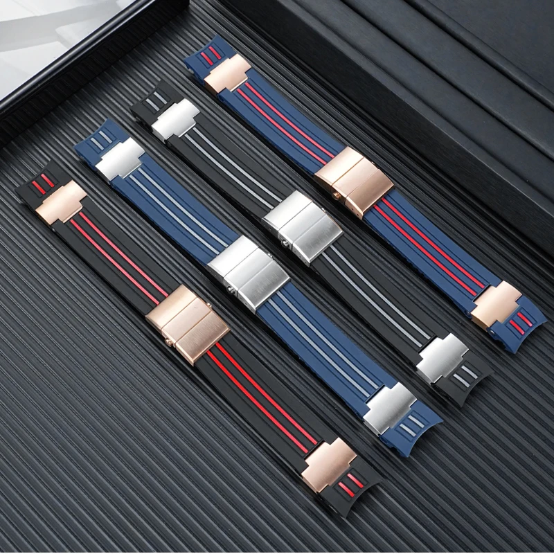 Natural Rubber Watchband 22mm Fit for Ulysse Nardin Diver Black Blue Silicone Watch Strap Silver Rose Gold Folding Buckle