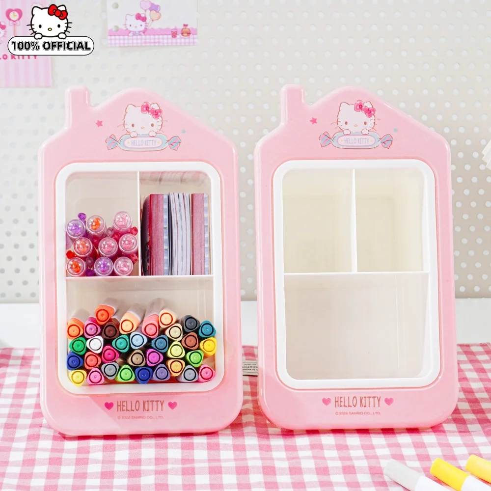 Genuine Hello Kitty Cartoon House Style Brush Pot Sanrio Kt Cat Desk Decor Pen Holder For Gel Pen Sticker Sticky Note Stationery