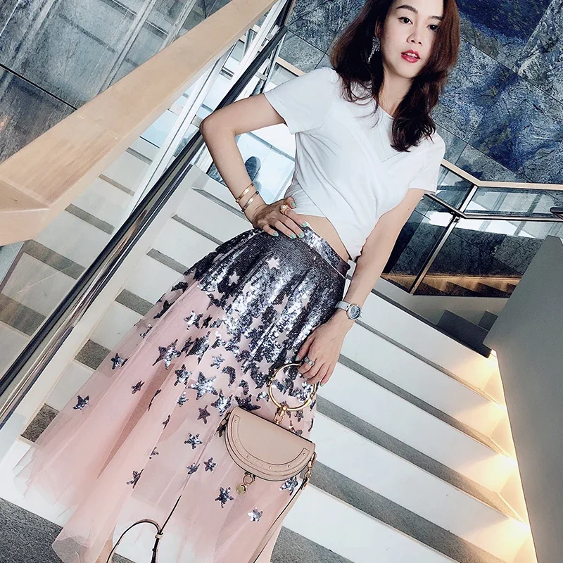 New Embroidered sequins stars good quality  high waist stars sequins gauze a skirt INS  .