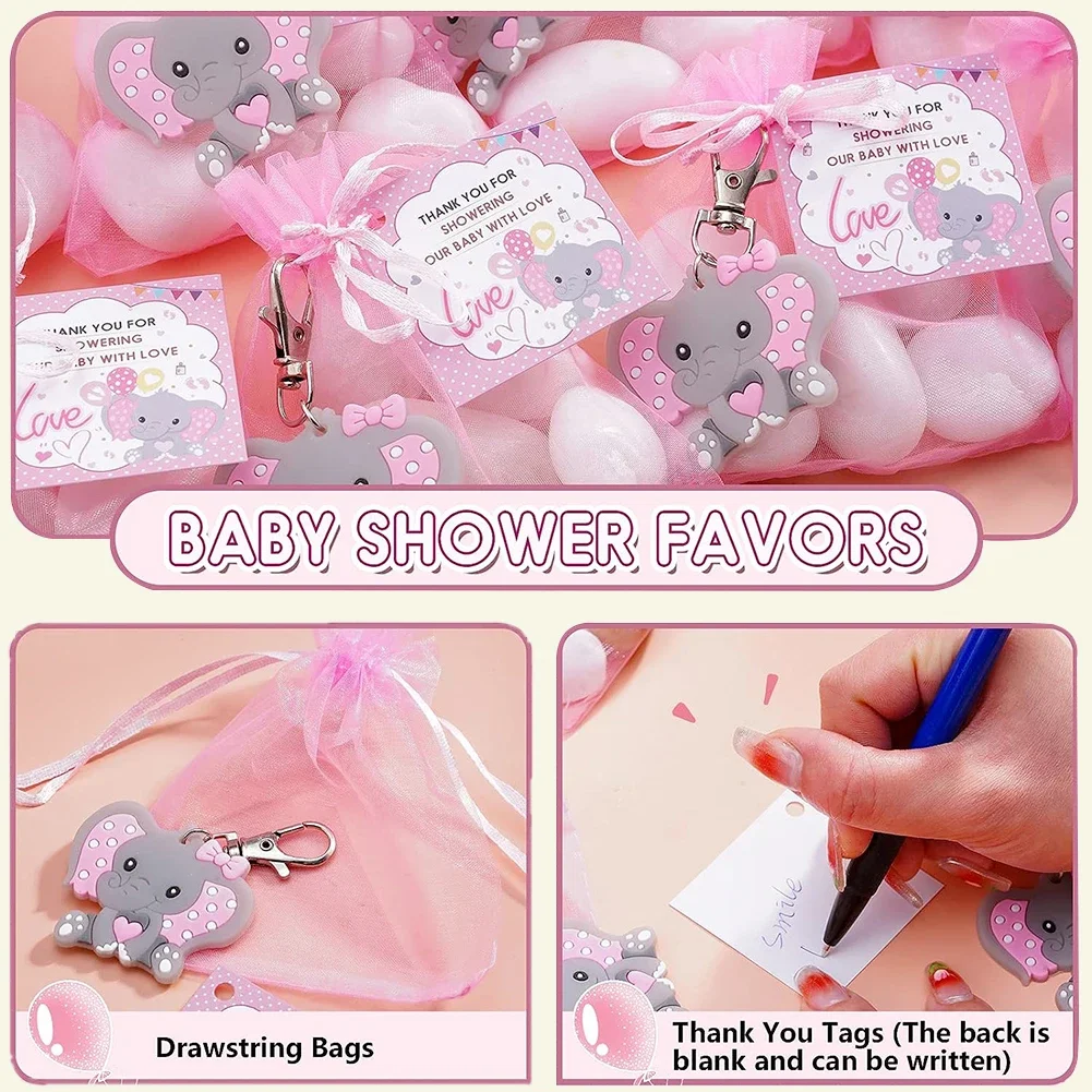 Set di portachiavi da 30 pezzi inclusi portachiavi con elefante borse con coulisse etichette di ringraziamento Baby Shower ospiti regali di ritorno