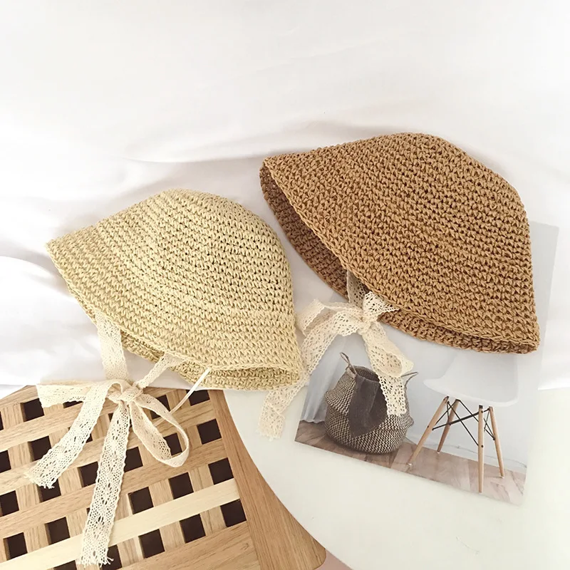 Newborn Straw Hat Child Summer Beach Sunhat Sun Visor Hat Kid Fisherman Hats Straw Braided Wide Brim Cap Sun Protect Bucket Hat