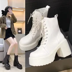 Spring Autumn Women Ankle Boots Waterproof Platform Lace Up Thick Heel Short Boots Fashion 9cm High Heel Leather Botas for Women