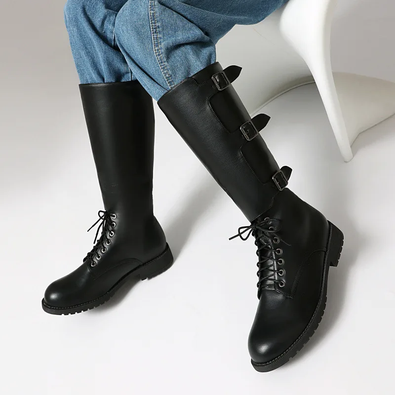 Men's Boots Belt Buckle Western Boots Retro Lace-up Pu Leather High Boots Outdoor Casual Shoes Designer Plus Size Mid-Calf Boot view 2