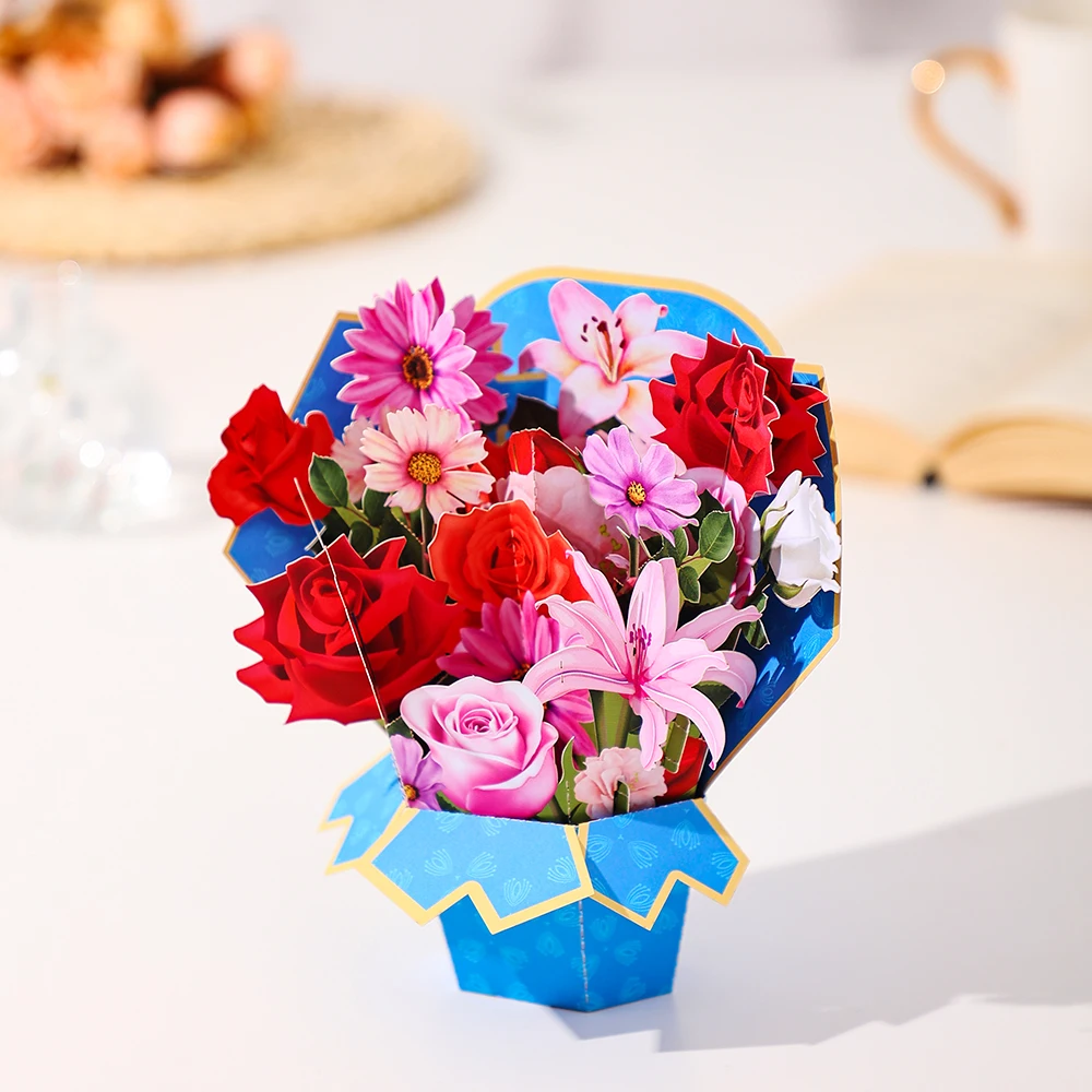 3D-Pop-Up-Grußkarte mit blühendem Rosenstrauß, geeignet für Geburtstage, Jubiläen und andere Anlässe