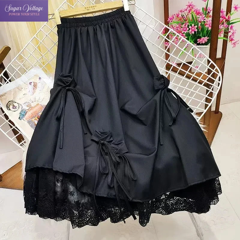 

Y2k Vintage Sweet Midi Skirt Women Plus Size High Waist Mesh Bowknot Patchwork Skirt Autumn Korean Chic Elegant Fashion Skirt