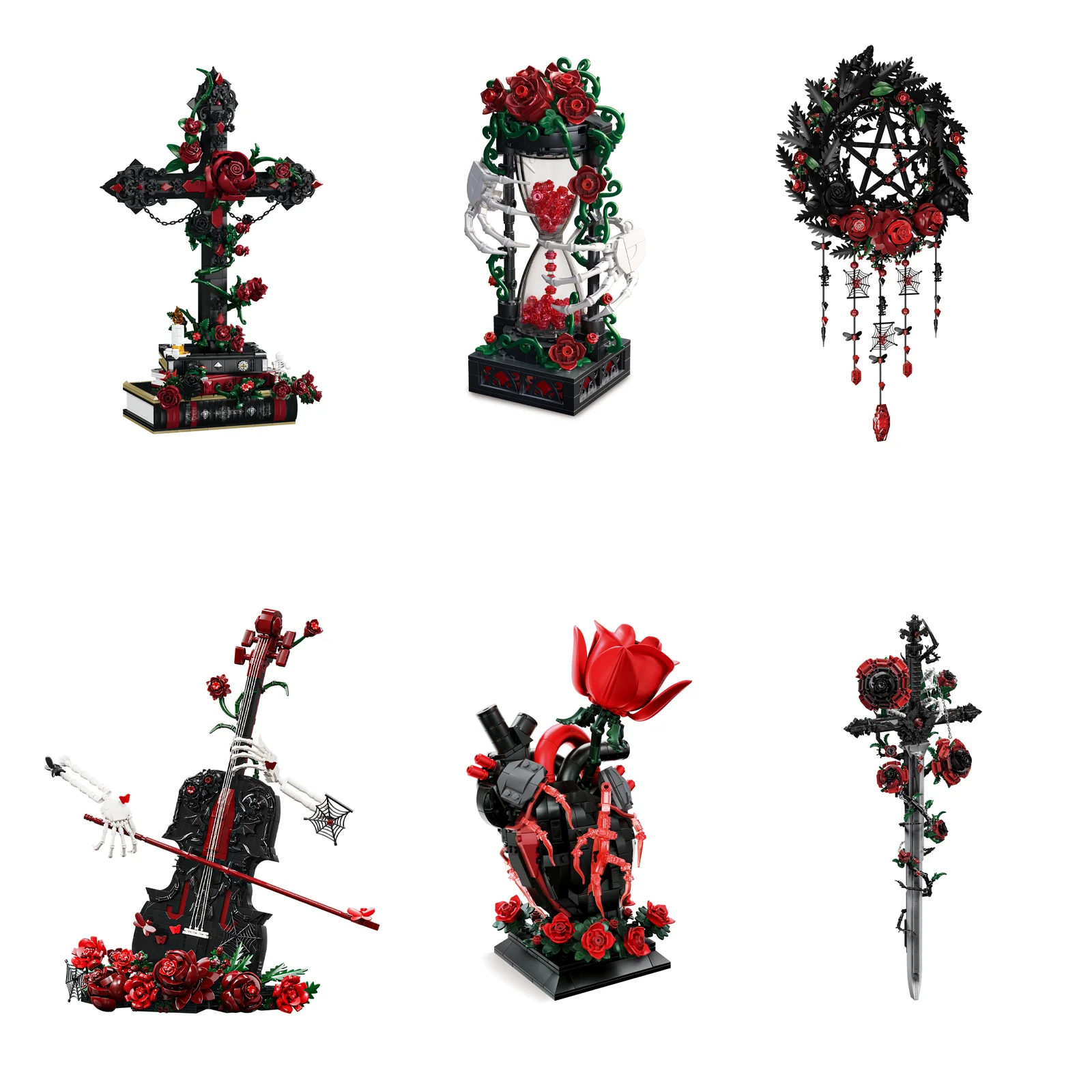 

MOC Gothic Style Rose Cross Violin Wreath Model Ornament, Building Blocks Toys, Educational Assembly Toy, Adult Birthday Gift