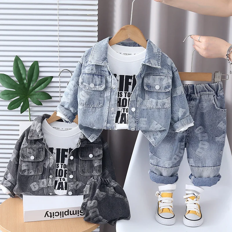 

Комплекты джинсовой одежды для мальчиков, весна-осень 2021, детские модные пальто, футболки, брюки, костюм из 3 предметов для малышей, детские спортивные костюмы, От 4 до 5 лет