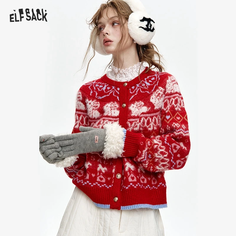 ELFSACK 2024 Winter New Arrivals Fair Isle Red Rabbit Knit Cardigan Women