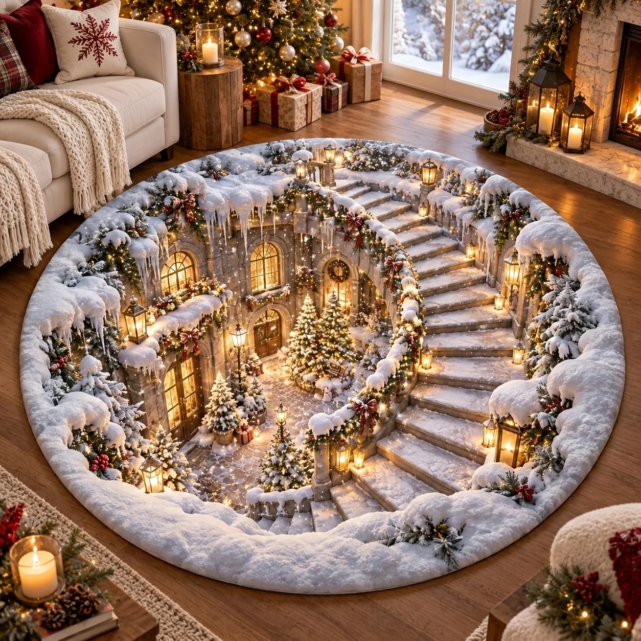 Christmas Snow Mansion Staircase Optical Illusion Circle Area Rug  Print Non Slip Soft Round Floor Mat For Holiday Decor
