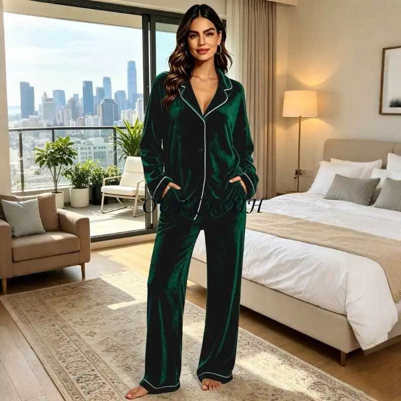 Womens Black Sleepwear Set Long Sleeve Piping Trim Shirt & Wide Leg Pants Cozy Winter Loungewear With Side Pockets