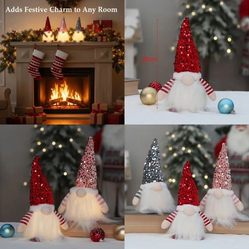 

Sequin Faceless Santa Christmas LED Light Up Gnome Doll Holiday Fun Table Ornament Glitter Decoration Xmas Home Party Gifts New