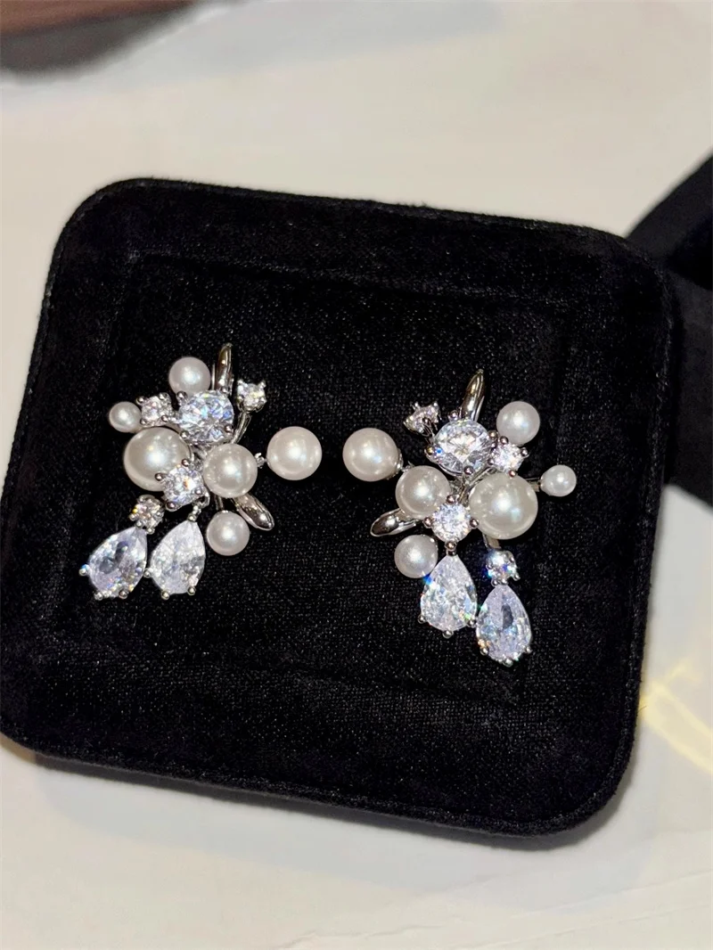 French Pearl Water Droplet Zircon Earrings for Women Fashionable Vintage Firewo Exquisite OL Daily All-match Jewelry Gifts