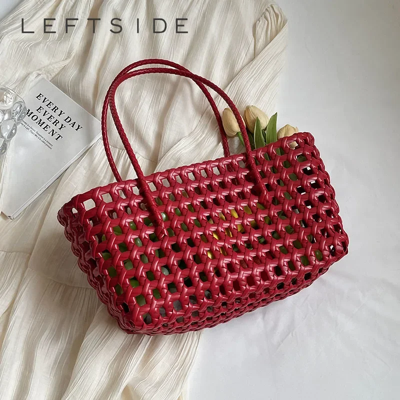 LEFTSIDE Small Solid Color Weave Tote Bags for Women 2024 Fashion Summer Shoulder Bags Simple Handbags Hollow Out Beach Bag