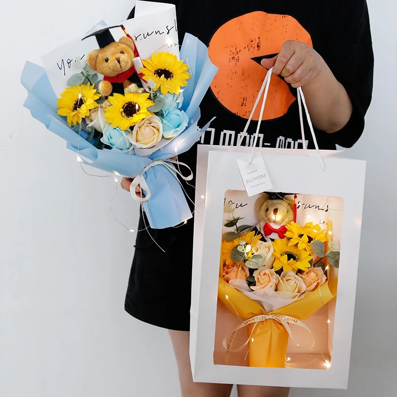 Graduation Flower Bouquet Bear Artificial Flowers Gifts Eternal Sunflowers Bouquet Valentine's Day Decoration Desk Accessorie