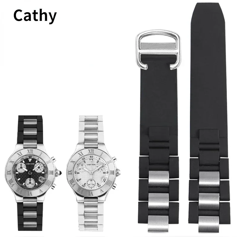 Silicone Watch Strap for Cartier 21Th Century Series Black Stainless Steel Rubber Watch Band Men Women Accessories 20 * 10mm