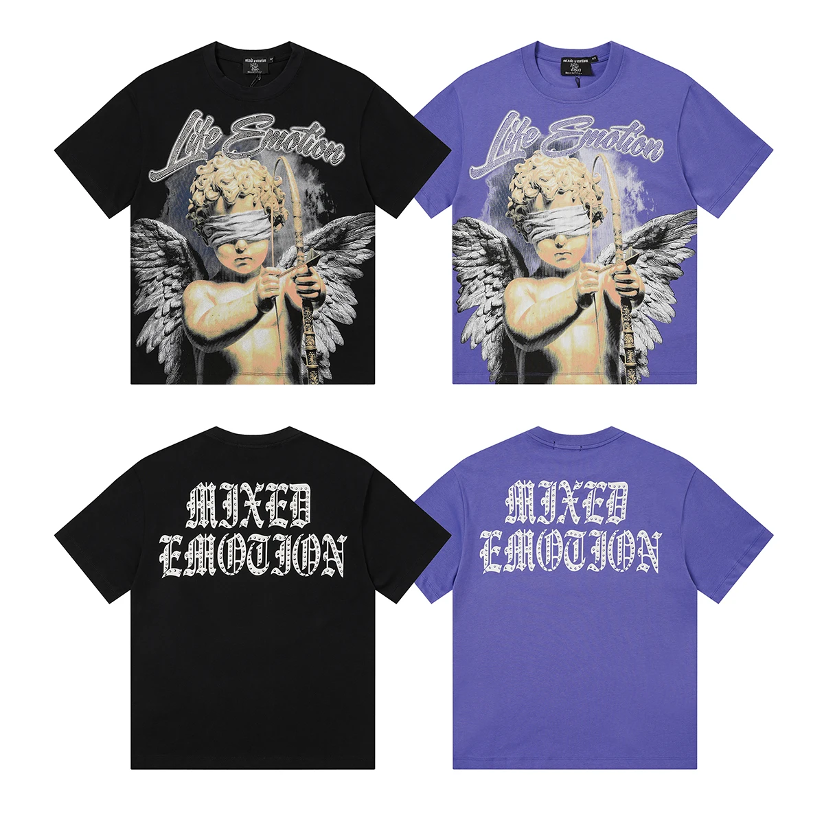 Mixed Emotion American Trendy Brand Blindfold Angel Print High Street Rhinestone Loose Fit Pure Cotton Short Sleeve T-Shirt