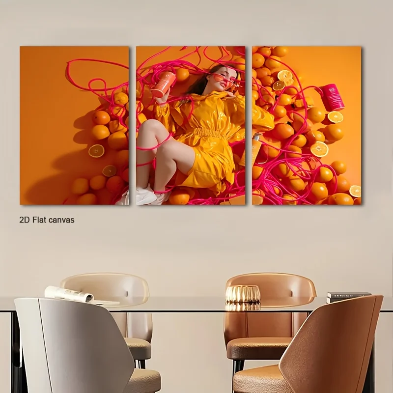 Frameless canvas 3pcs Neon Pink & Orange Wall Art  - Modern Abstract Glow Canvas Paintings,  Wrapped Panels Suitable For, Bed