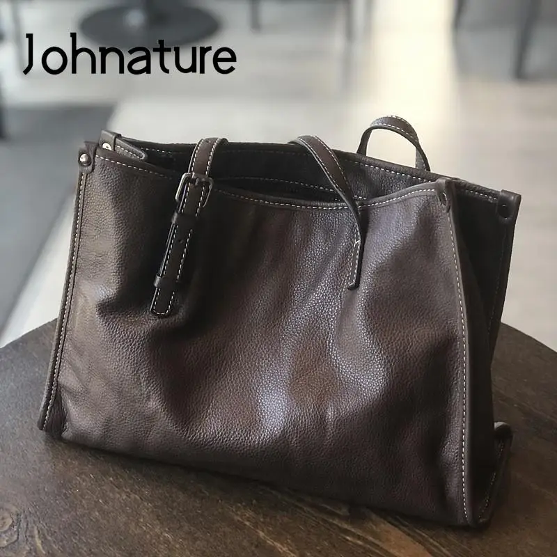 Imagem -05 - Johnature-bolsala de Couro Genuíno Feminino Grande Capacidade Viajante Couro de Vaca Real Bolsas de Ombro Nova Moda Outono Inverno 2023