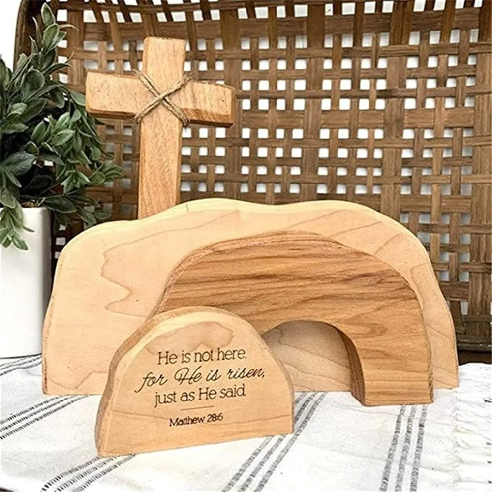 Empty Tomb Easter Decor Easter Resurrection Scene and Cross Decoration Set He is Risen Wooden Jesus Sign Tomb Easter Tray Decor