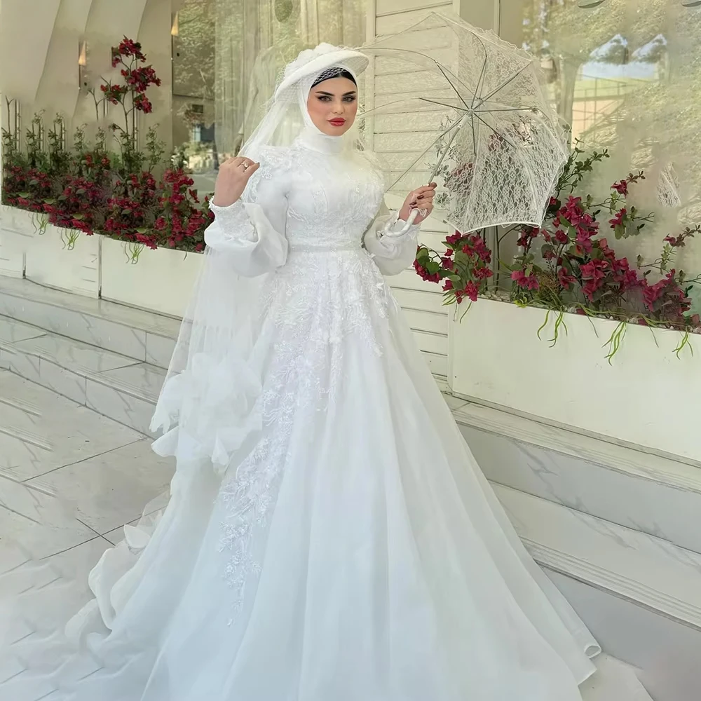 

Holy Wedding Dresses with Hijab High Neck Flare Sleeve Appliques Organza Muslim White Bridal Gown Customized robe de mariée