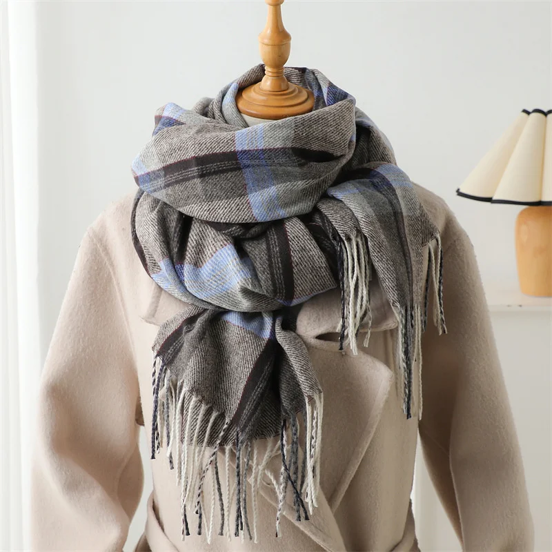 Korean Style New Imitation Cashmere Plaid Scarf Autumn and Winter Fashion Simple and Warm Scarf Women Tassel Pashmina Shawl Wrap