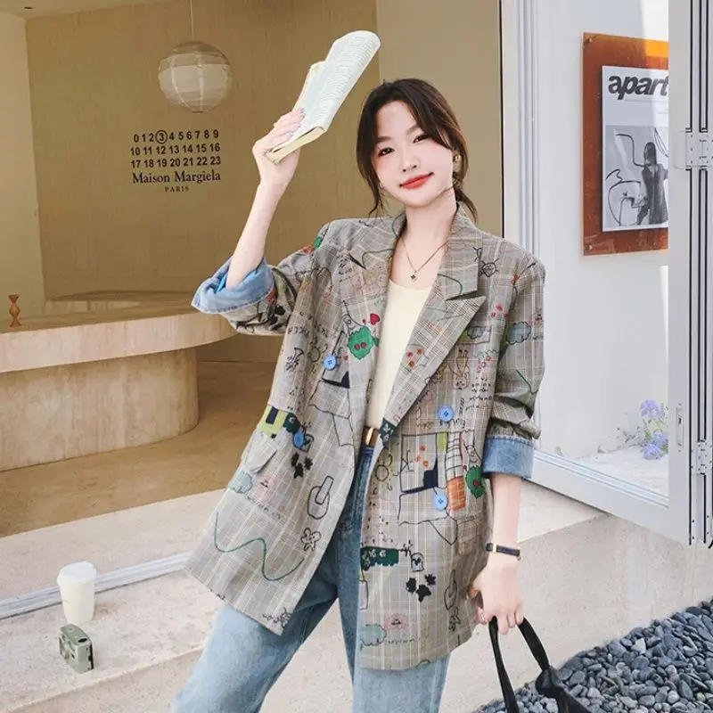 Graffiti Plaid Printed Blazer for Women Spring Autumn Trend High-end Casual Suit Jackets Loose Retro Outfit Jacket Fashio Coats